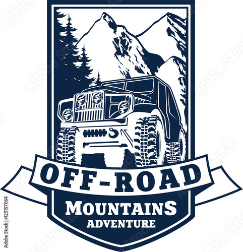 Vector emblem with 4x4 vehicle off-road car and mountains