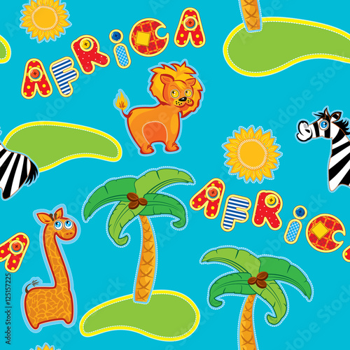 Seamless pattern with cartoon animals - giraffe  leon and zebra