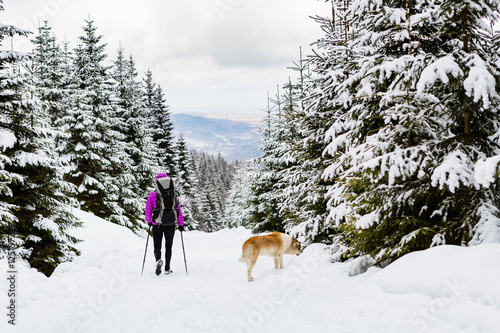 Backpacker hiking walking in winter forest with dog
