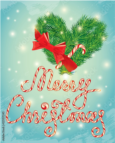 Holiday greeting Card with xmas candy and fir-tree branches in h