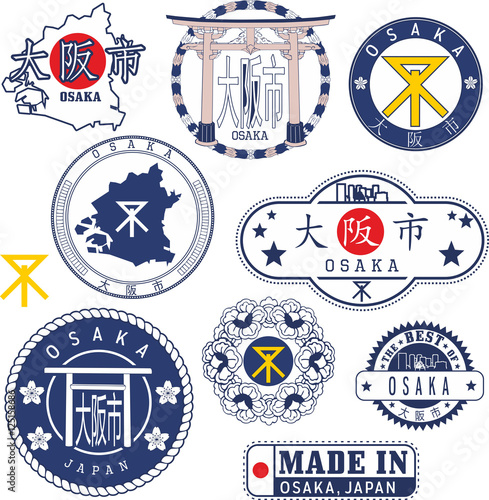 Osaka, Japan. Set of stamps and signs