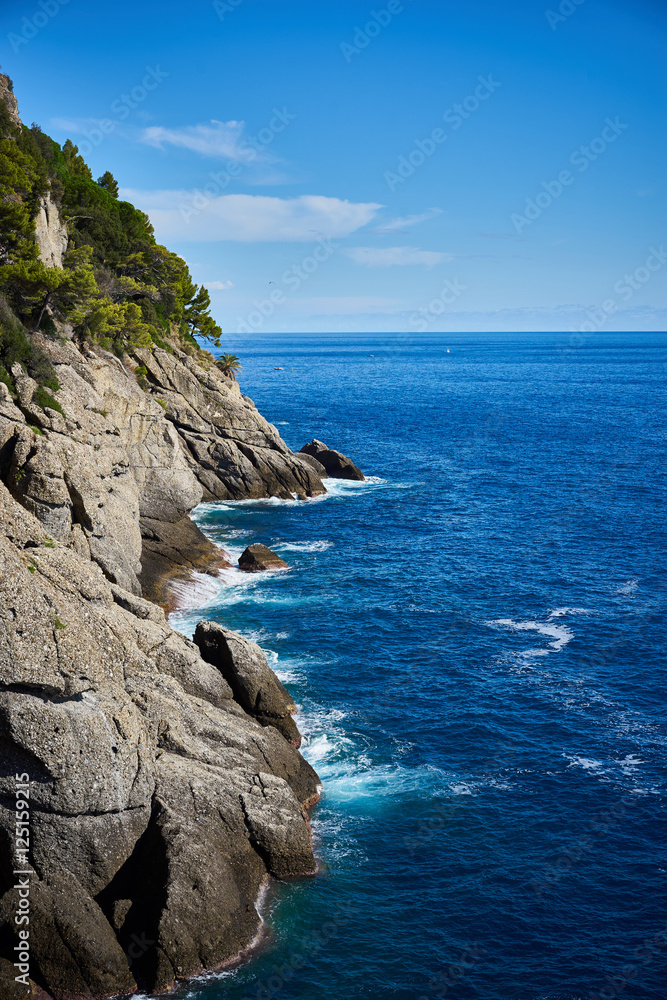 Wild coast behind Portofino in Italy / Rocky cliffs in Liguria