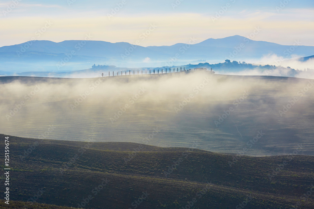 Obraz premium Scenic view of Tuscan fields and hills with fog