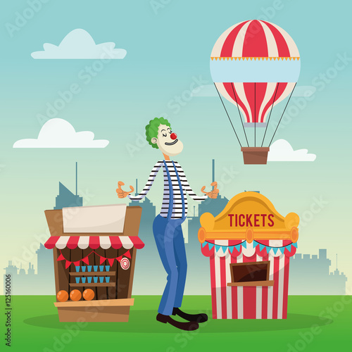 tickets tent hot air balloon and clown icon. Carnival festival fair circus and celebration theme. Colorful design. Vector illustration