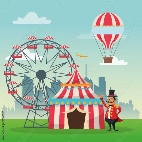 striped tent ferris wheel man and hot air balloon icon. Carnival festival fair circus and celebration theme. Colorful design. Vector illustration