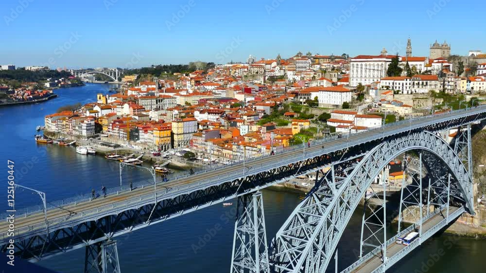 PORTO PORTUGAL MARCH 2015; Bridge of Luis I over Douro river and cityscape in Porto, Portugal.4K PORTO PORTUGAL MARCH 2015; Bridge of Luis I over Douro river and cityscape in Porto, Portugal.4K