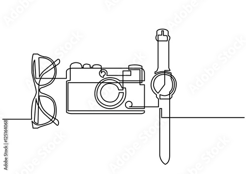 continuous line drawing of glasses camera watch