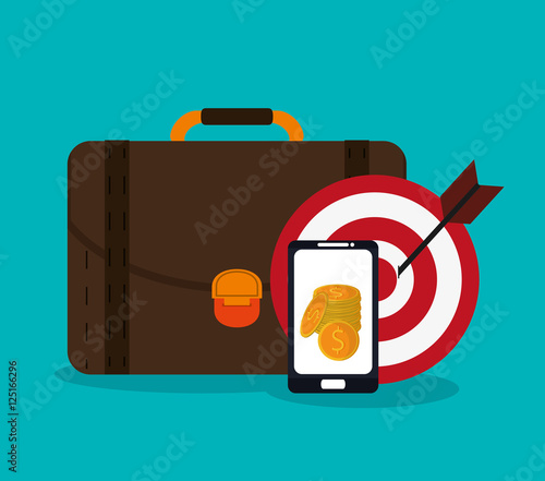Smartphone coins target and suitcase icon. digital marketing media and seo theme. Colorful design. Vector illustration