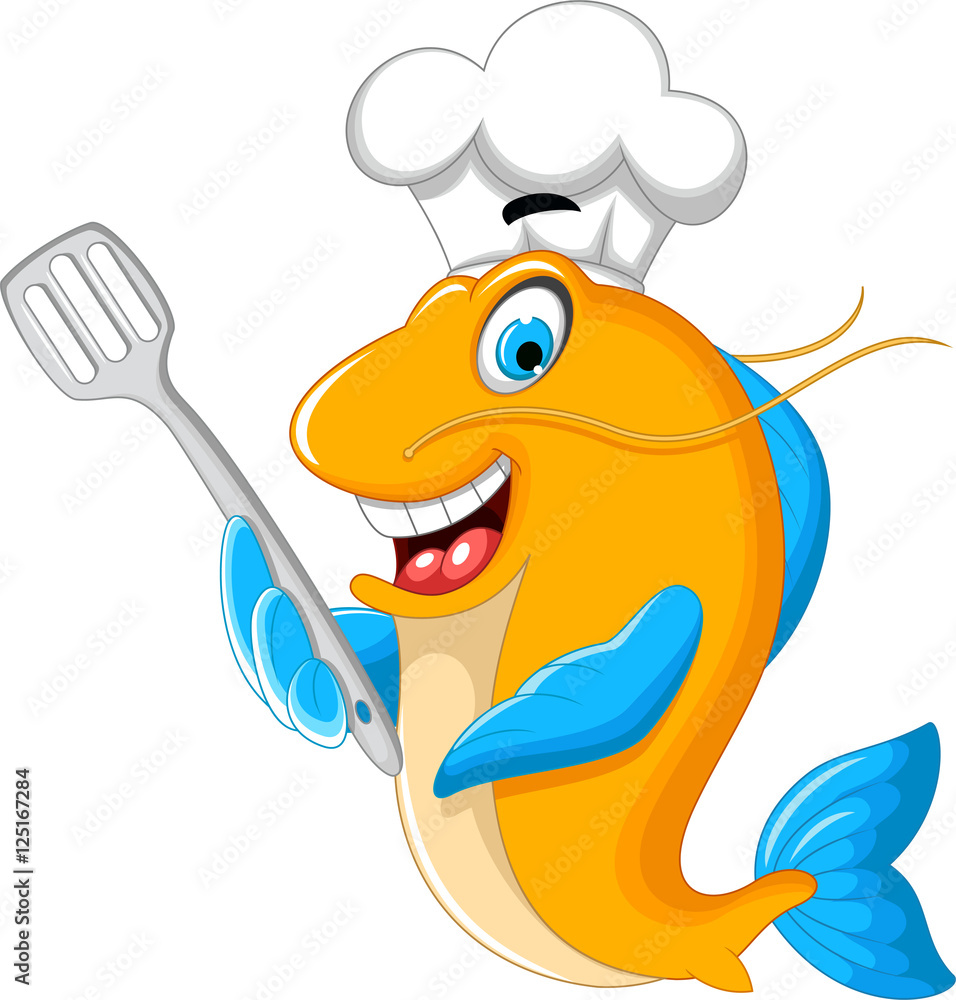 Fototapeta premium Cartoon chef fish holding a kitchen spatula for you design