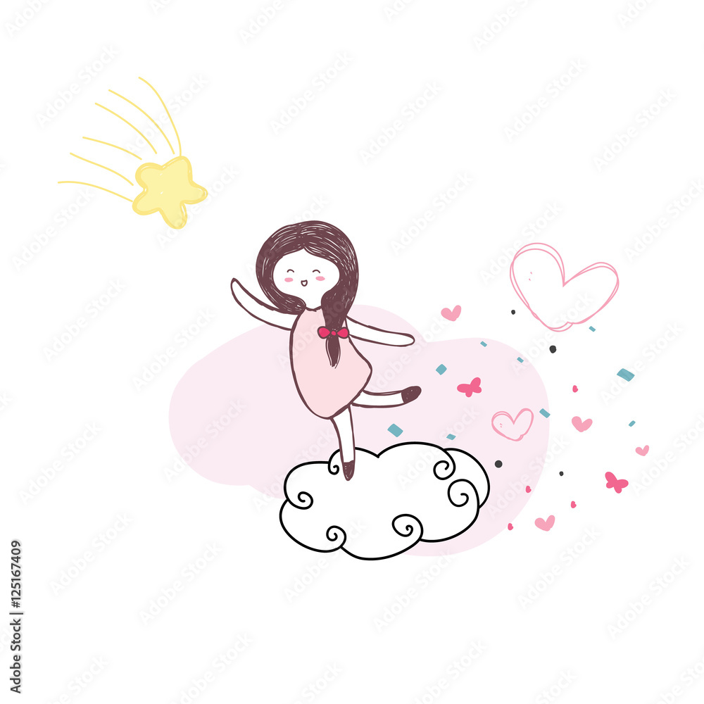 cute girl jump on the cloud for touch yellow star with pink hear cute girl jump on the cloud for touch yellow star with pink hear