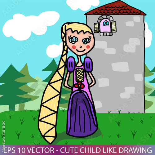 Child s style hand drawn illustration of a princess in front of a tower  Computer Illustration 