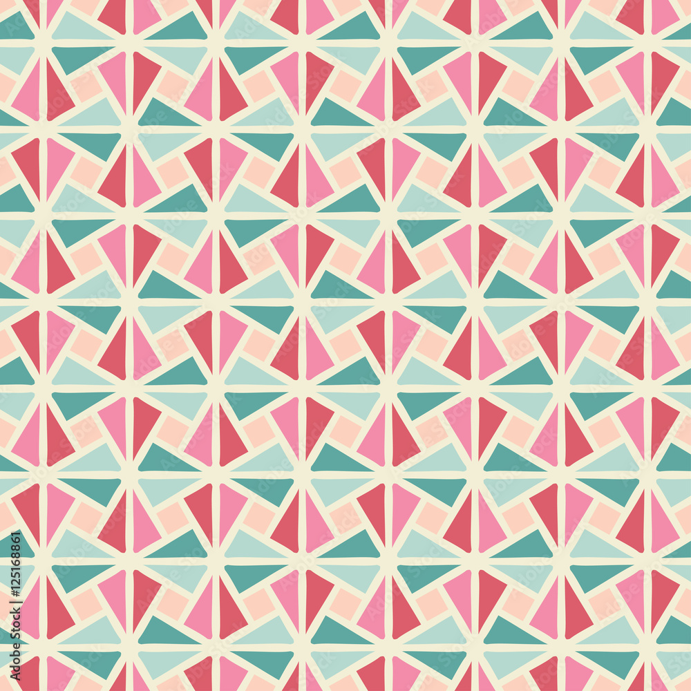 Abstract seamless background mosaic pattern with blue and pink triangle and square pieces in the yellow intersections net. Vector illustration eps Abstract seamless background mosaic pattern with blue and pink triangle and square pieces in the yellow intersections net. Vector illustration eps