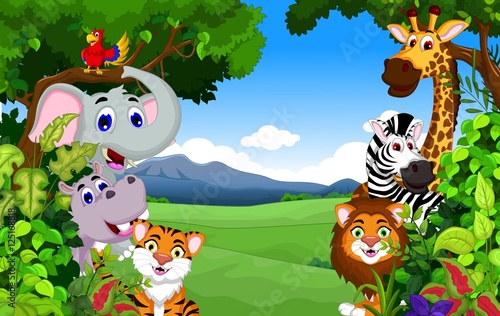 funny animal cartoon with forest background © jihane37
