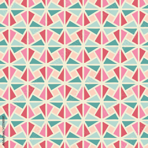 Abstract seamless background mosaic pattern with blue and pink triangle and square pieces in the yellow intersections net. Vector illustration eps