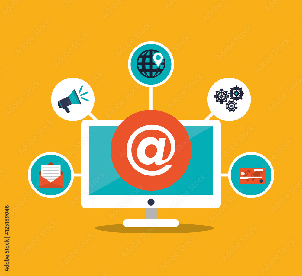 Computer and email icon. digital marketing media and ecommerce theme. Colorful design. Vector illustration