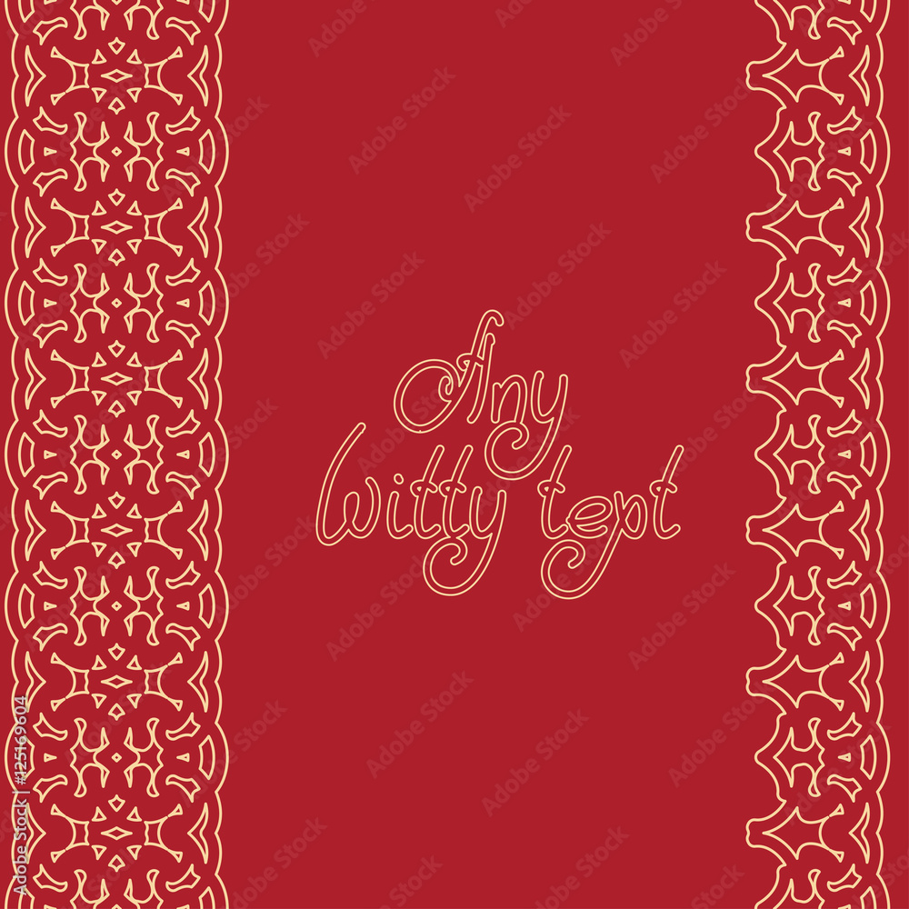 Endless background line border frame with rich golden lace contour isolated on red  fond. Space for text can be used for invitations, promotional poster or greeting cards. Vector illustration eps