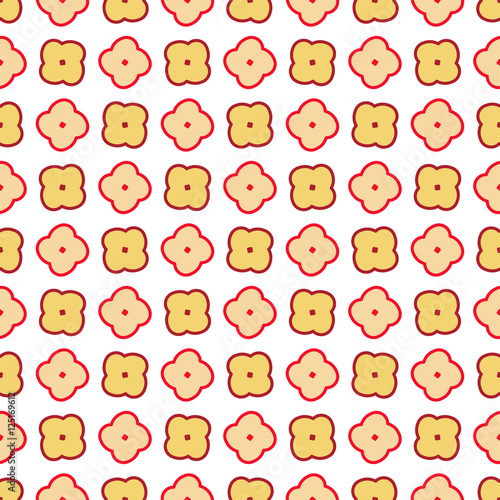 Cute funny childish seamless background pattern with yellow, red and pink contoured flowers isolated on the white (transparent) fond. Vector illustration eps