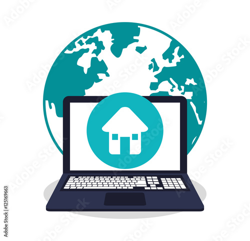 Laptop planet and house icon. Social media multimedia and communication theme. Colorful design. Vector illustration