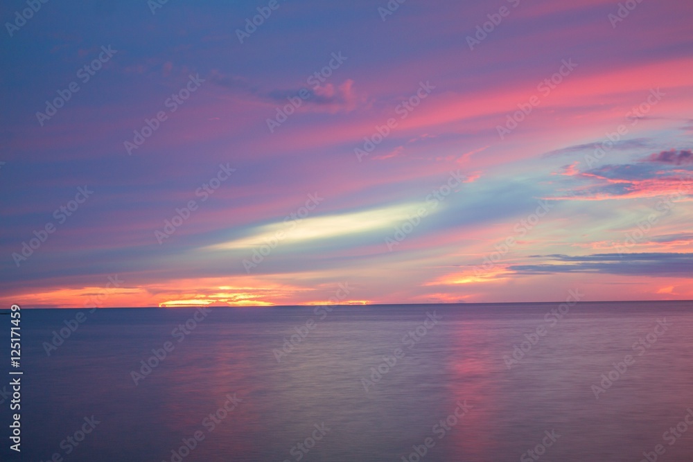Sunrise morning time before. Colorful sky and water in lake reflex.