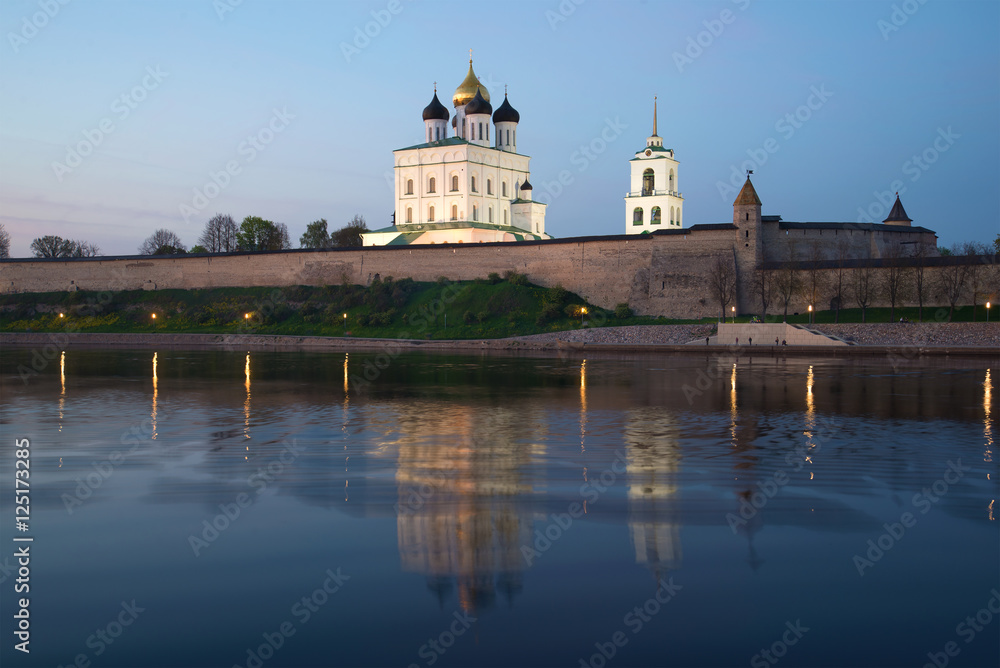 View of Trinity Cathedral and the Pskov Kremlin in May twilight. Pskov, Russia