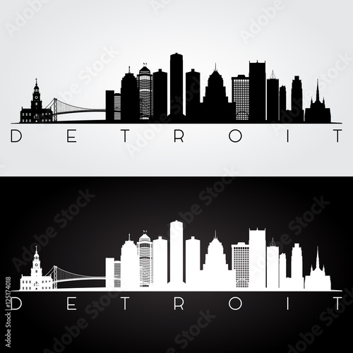 Detroit USA skyline and landmarks silhouette, black and white design, vector illustration.