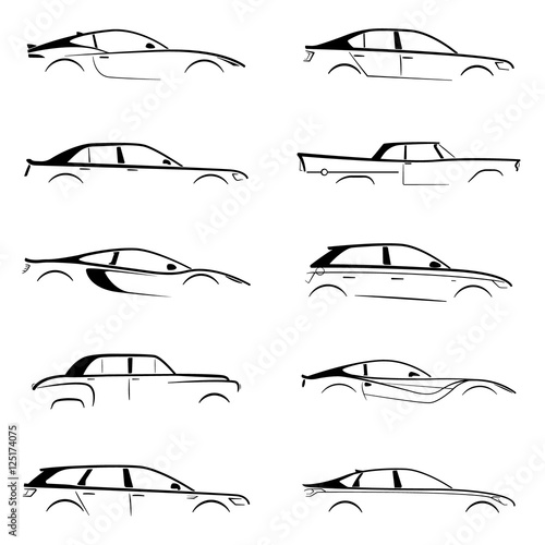 Set black car silhouette on white background. Vector collection.