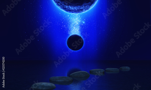 Fototapeta Naklejka Na Ścianę i Meble -  3D space landscape with stepping stones in the ocean