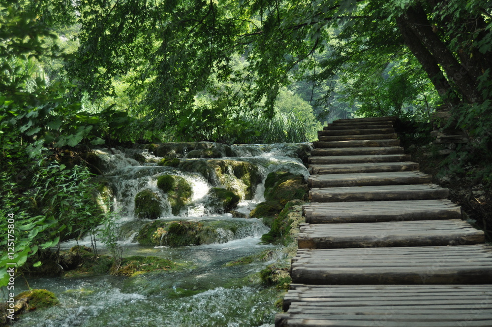 Footbridge and bridges in Plitvice Lakes National Park in Croatia. Holiday
