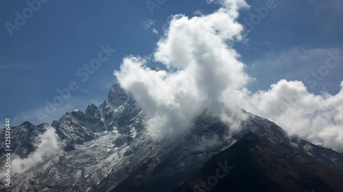 Khumbu Himalaya, view on Mountain Mt Everest before snowstorm. Time-lapse.