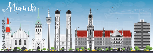 Munich Skyline with Gray Buildings and Blue Sky.