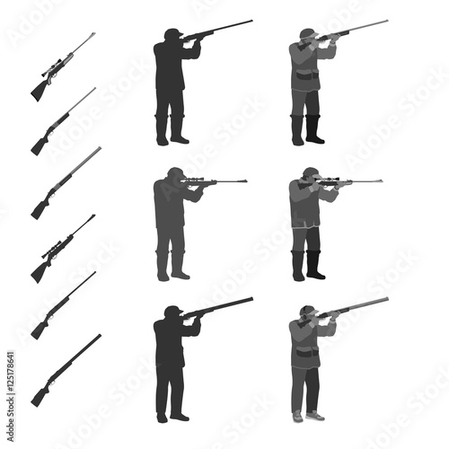 
man shoots from a rifle at the target and hunting. set in different poses. rifle separately.
  totally vector illustration. Isolate on white background. easy to cut to your Projects summary