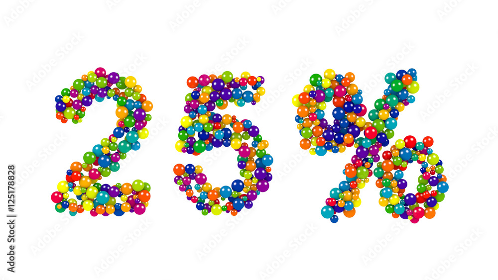 Twenty-five percent symbol in colorful vivid balls