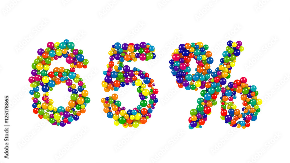65 percent symbol with dynamic vivid colored balls