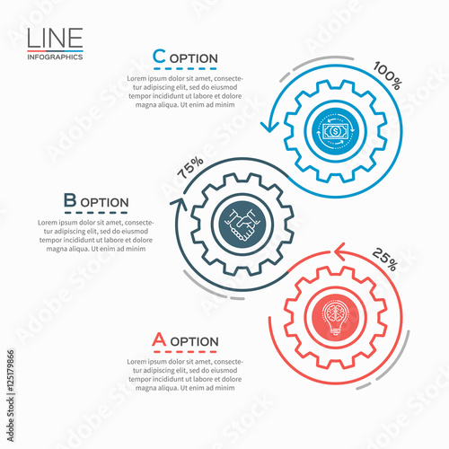 Thin line business infographic template with gears cogwheels 3 steps, processes, parts, options. Vector illustration.