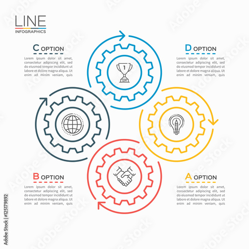 Thin line circle infographic template with gears cogwheels 4 steps, processes, parts, options. Vector illustration.