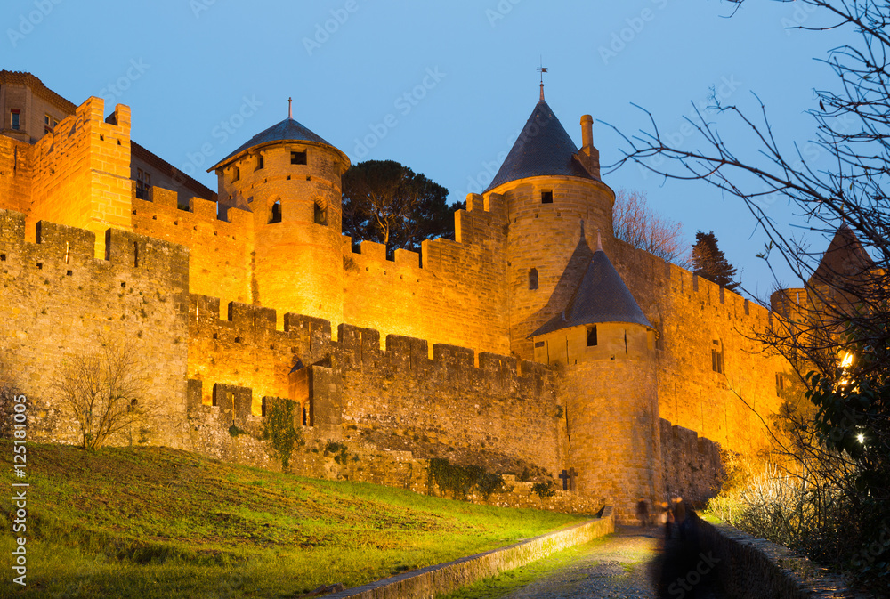  Medieval  fortress walls in evening time.  Carcassonne