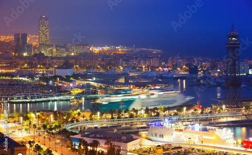 Port Vell and Barcelona in evening