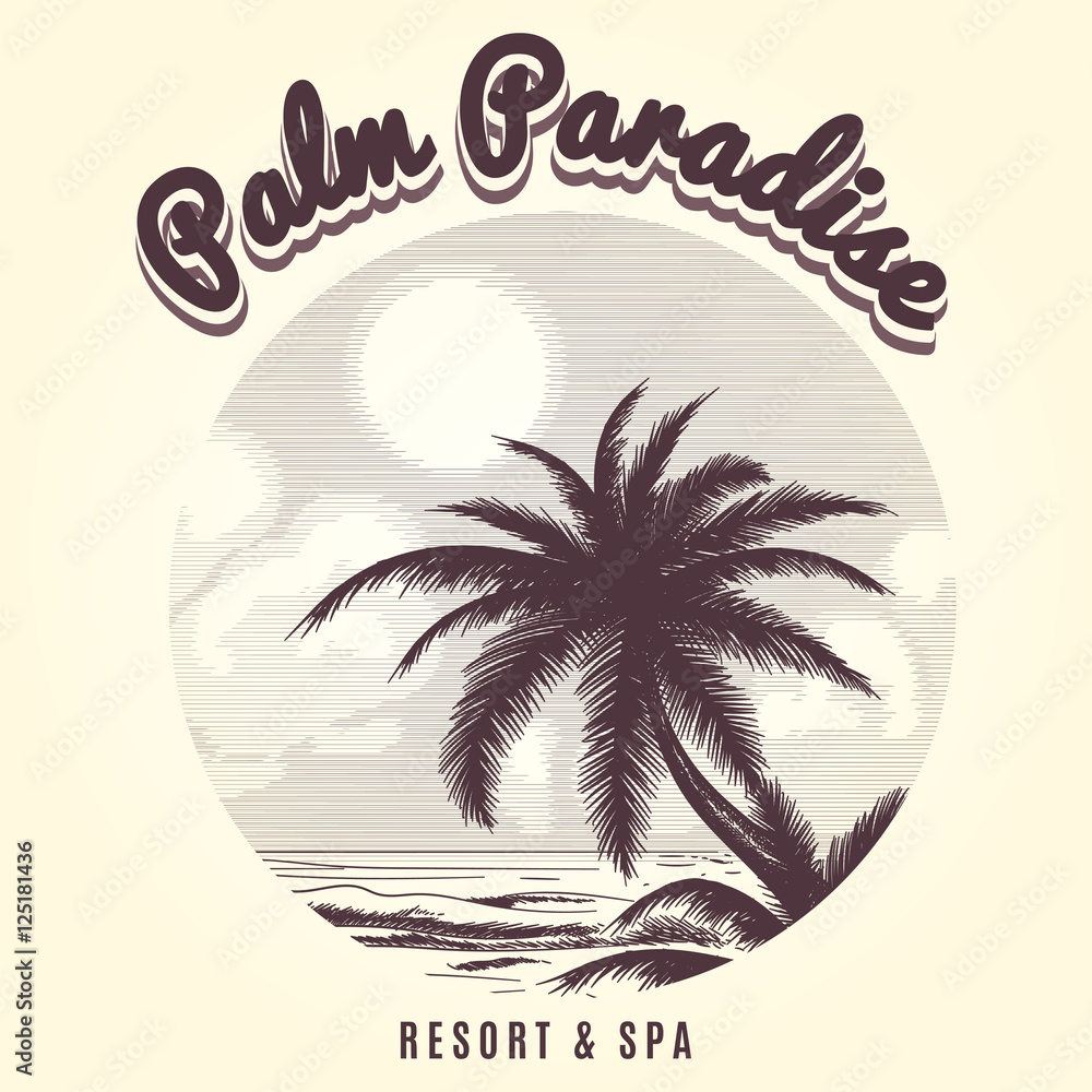 Naklejka premium Hand drawn palm tree and ocean front sketch logo. Vector illustration