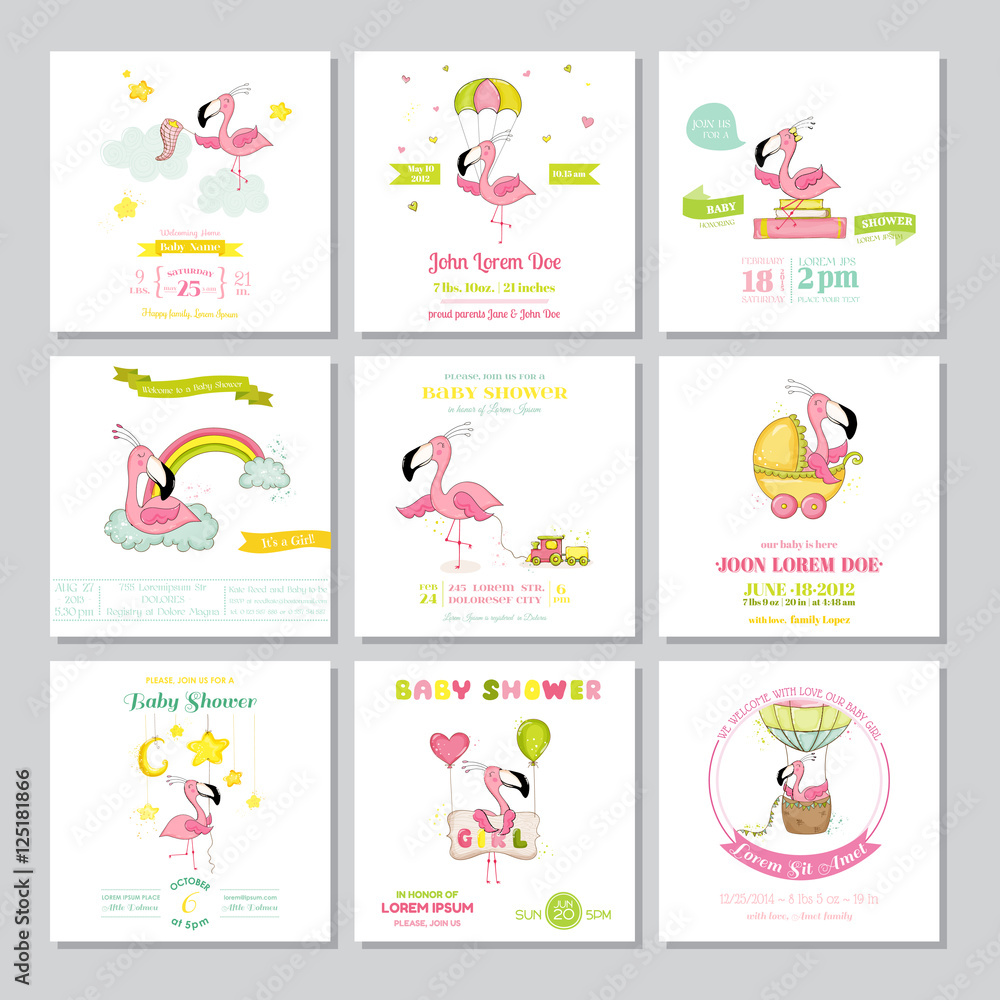 Baby Shower or Arrival Card - Baby Flamingo Girl Big Set - in vector Baby Shower or Arrival Card - Baby Flamingo Girl Big Set - in vector