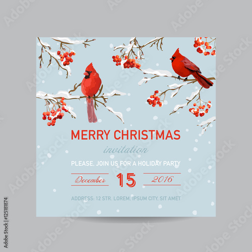 Christmas Invitation Card - Winter Birds and Berries in Watercolor