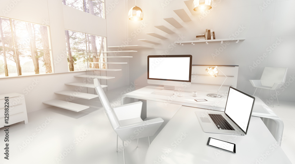 Modern white office interior with computer and devices 3D render Modern white office interior with computer and devices 3D render