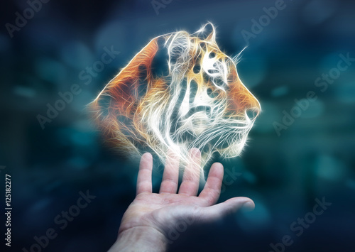 Fototapeta Naklejka Na Ścianę i Meble -  Person holding fractal endangered tinger illustration 3D renderi