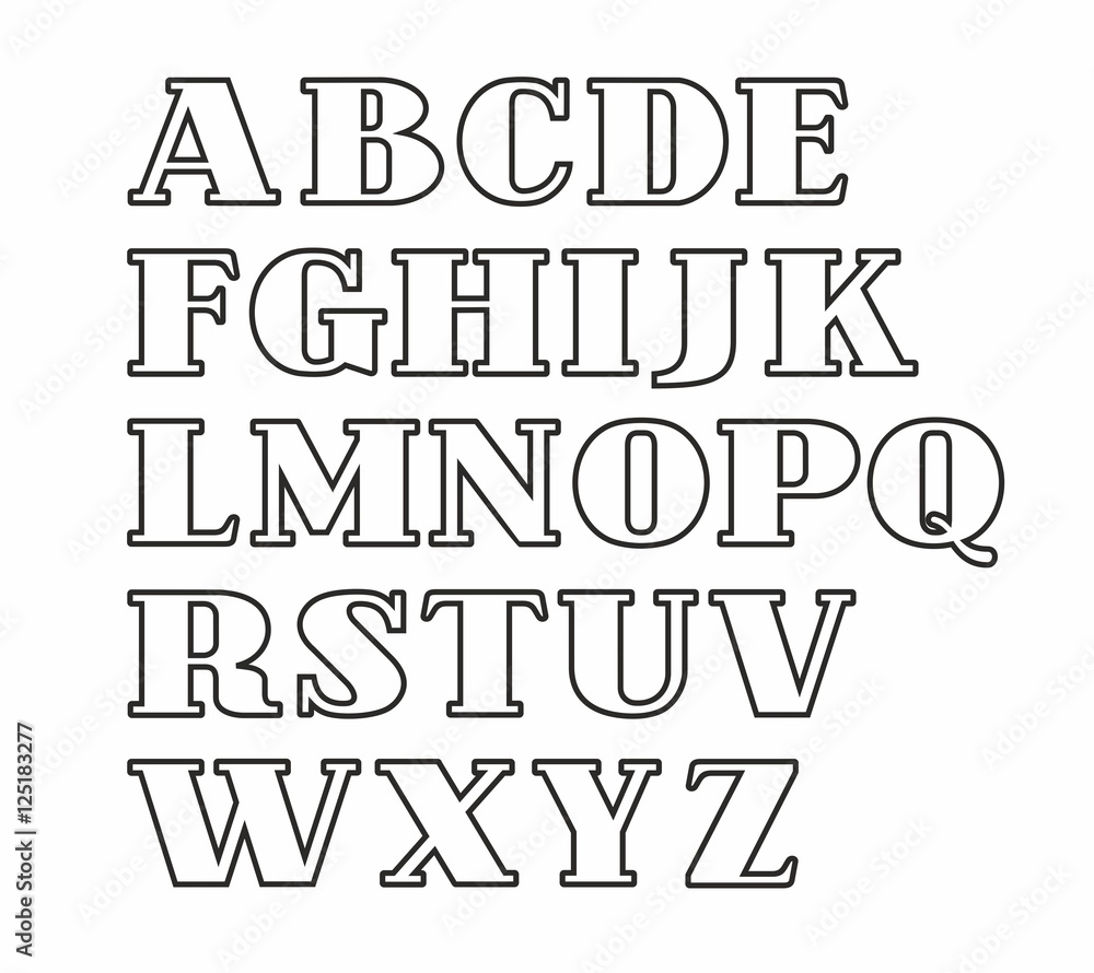 English alphabet, capital letters, thin black contour. Vector, white serif font and a thin black outline, on a white background. 
