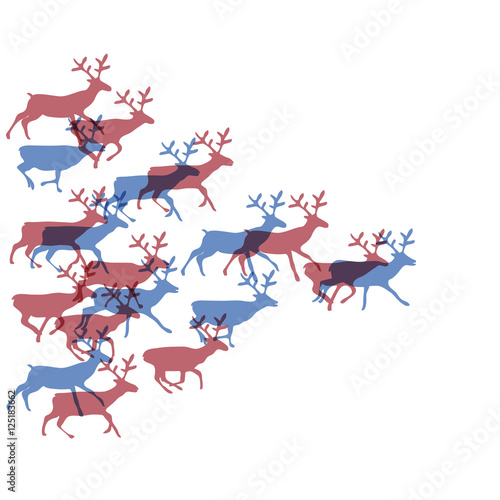 Christmas deers running in herd together. Silhouette illustration.