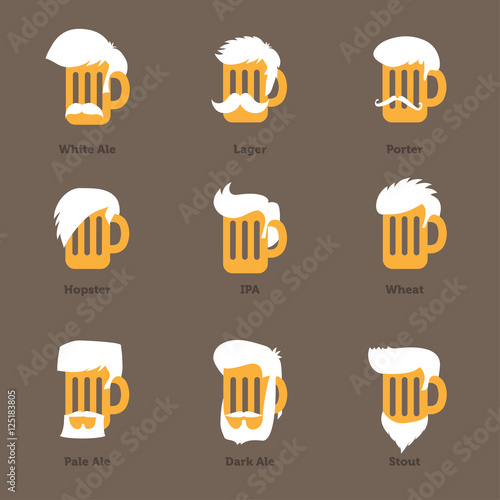 Beer glass with different foams associated with characters / barflies. Beer types stylized vector illustrations. 