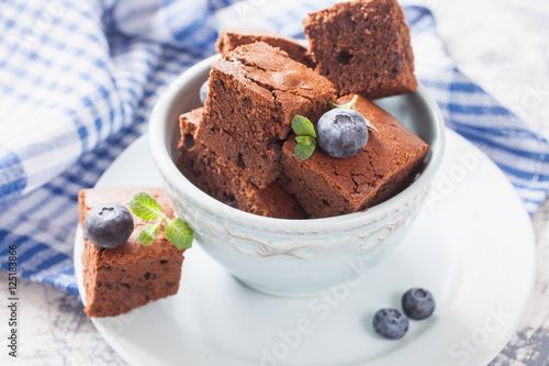 chocolate cake in a bowl on a table, selective focus