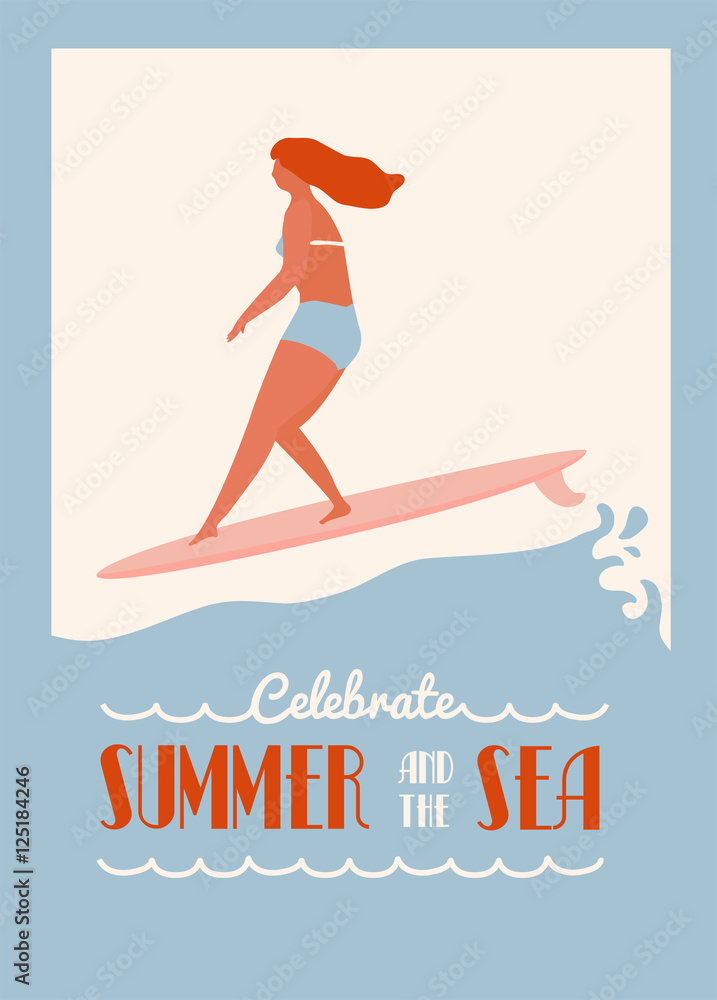 Summer text quote poster with surfer girl on a longboard rides a wave.  Beach lifestyle poster in retro style. Stock Vector | Adobe Stock