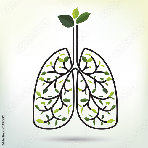 Lungs with Green leaf. Black outline vector illustration.