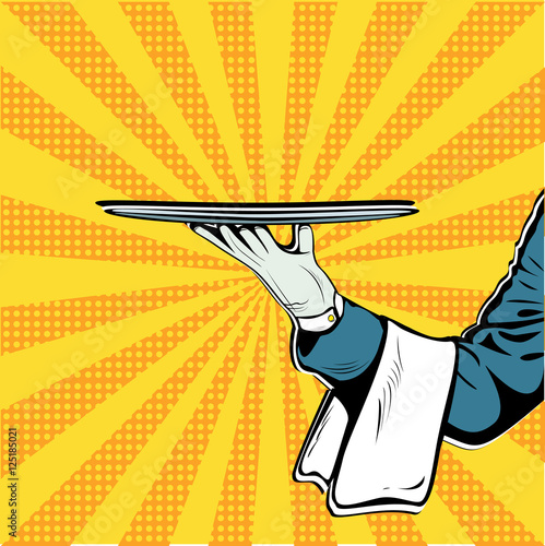 waiter hand tray presentation pop art retro vector