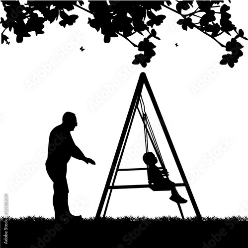 Grandfather swinging grandson on a swing in the park, one in the series of similar images silhouette